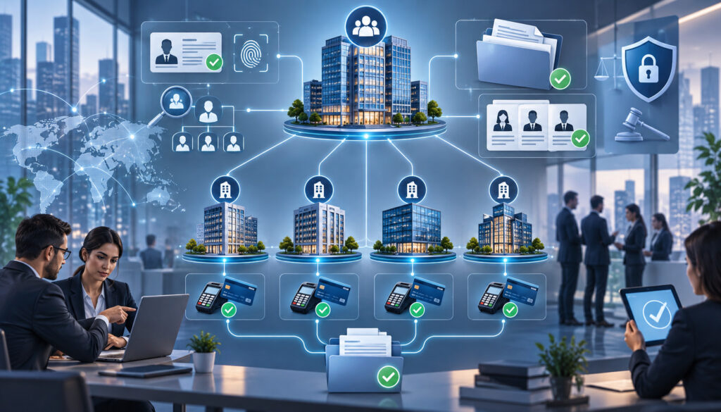 Multi-entity payment onboarding with beneficial ownership, per-entity merchant accounts, and centralized underwriting