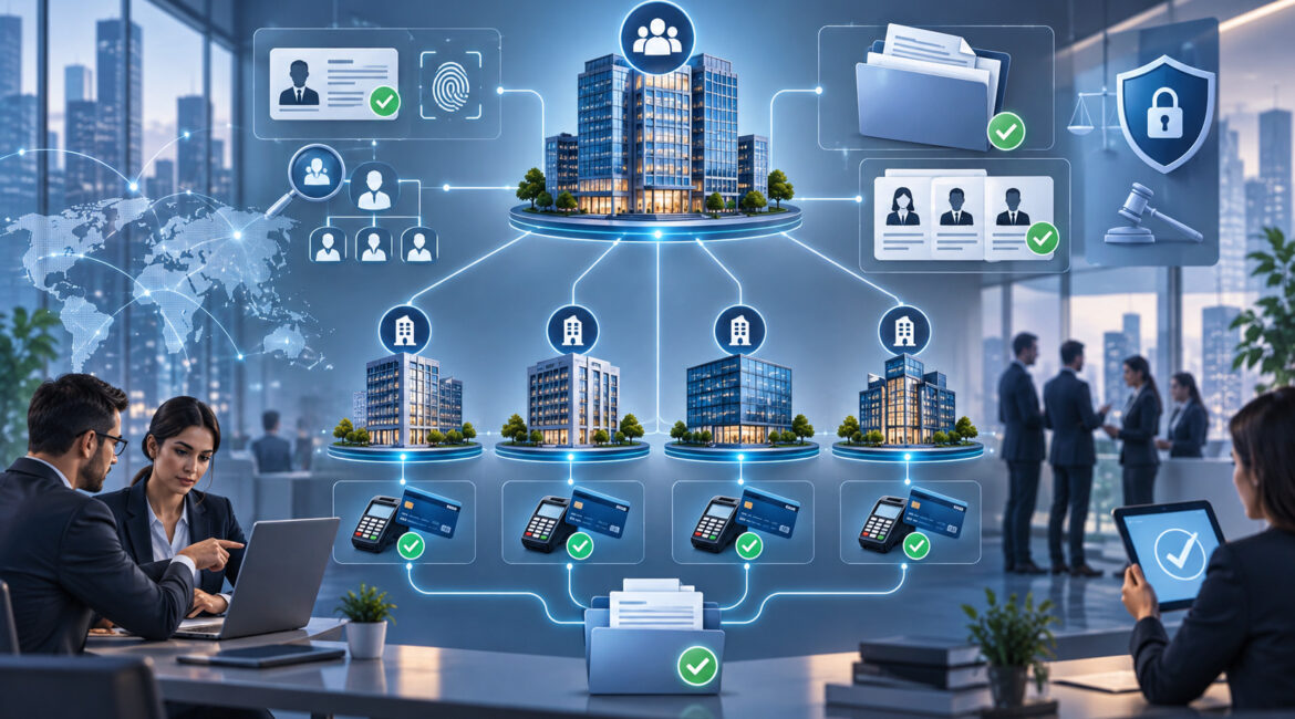 Multi-entity payment onboarding with beneficial ownership, per-entity merchant accounts, and centralized underwriting