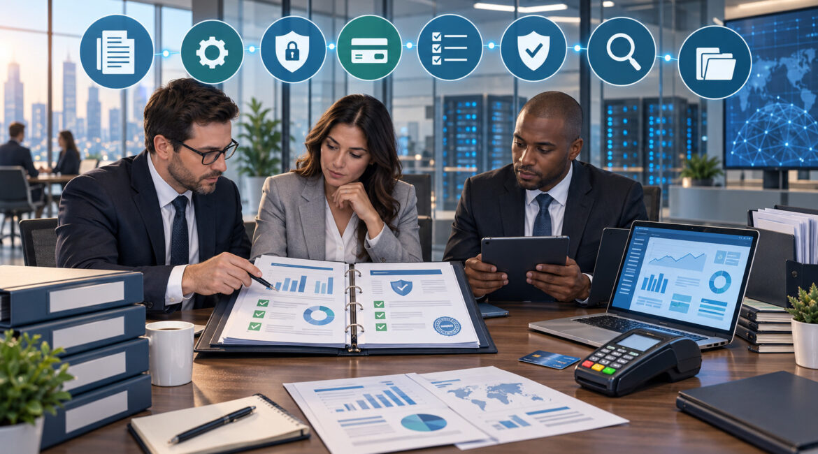 Enterprise team reviewing payment processor due diligence and compliance documents
